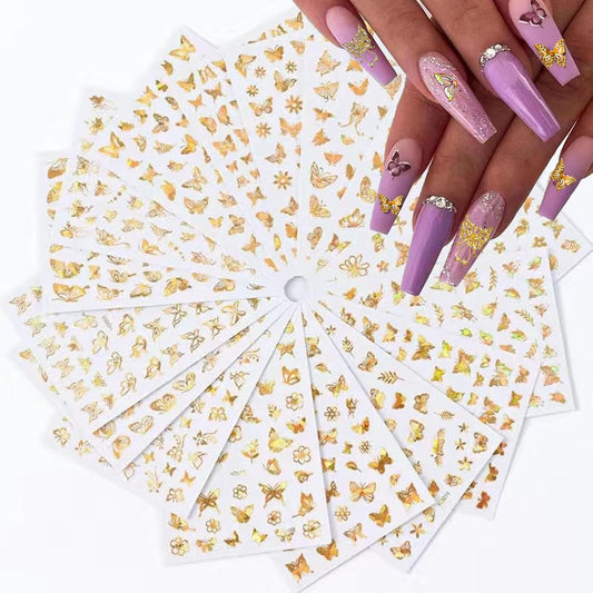 16 Sheets Butterfly Nail Art Stickers Decals 3D Self-Adhesive Gold Metallic Butterfly Nail Stickers Holographic Butterflies Design Nail Art Supplies for Women Acrylic Nail Art Decoration Accessories-Velvo Beauty