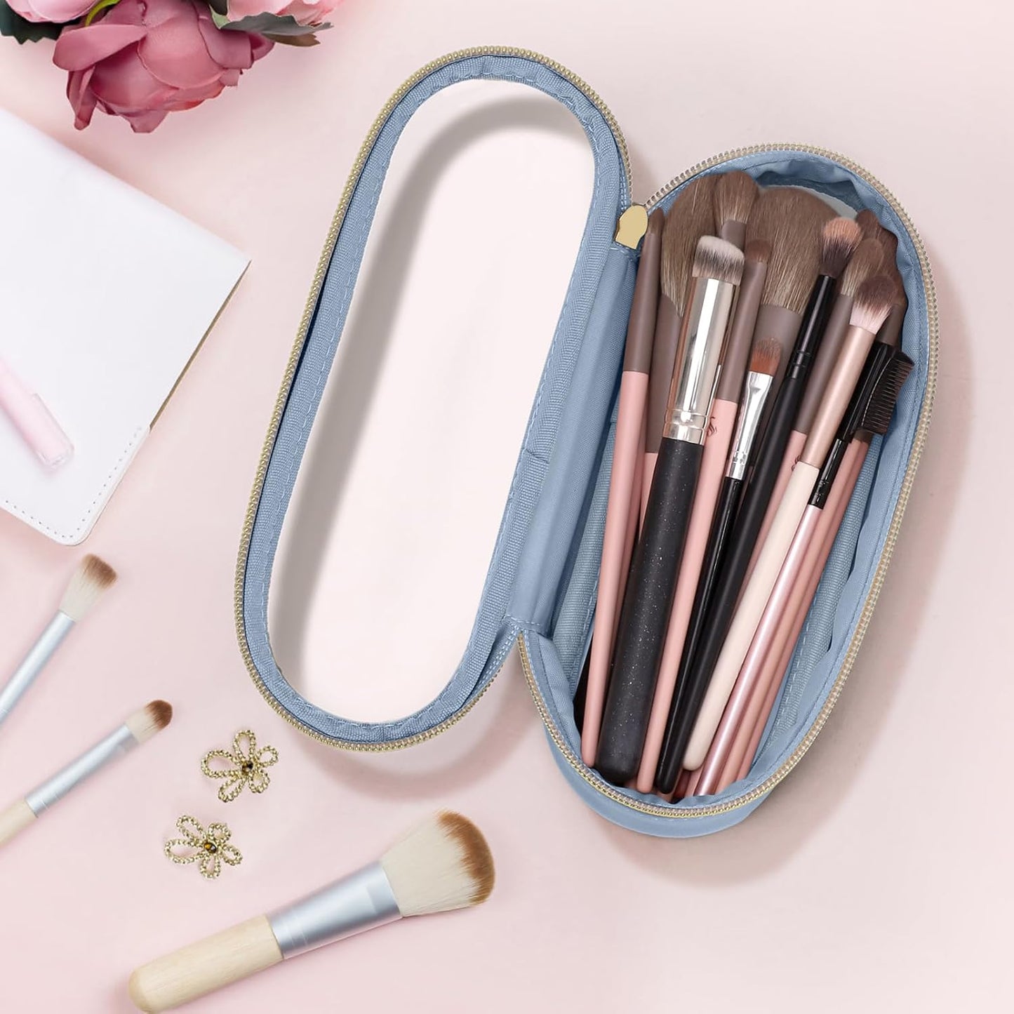 Clear Travel Makeup Brush Holder, Leather Makeup Brush Toiletry Bag, Portable Cosmetic Brush Case, Transparent Waterproof Makeup Brush Storage Bag, Blue-Velvo Beauty
