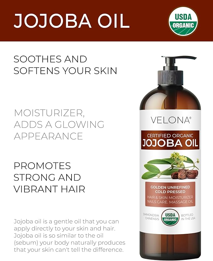 velona Jojoba Oil USDA Certified Organic - 16 fl oz (With Pump) | 100% Pure and Natural | Golden, Unrefined, Cold Pressed, Hexane Free | Moisturizing Face, Hair, Body, Skin Care-Velvo Beauty