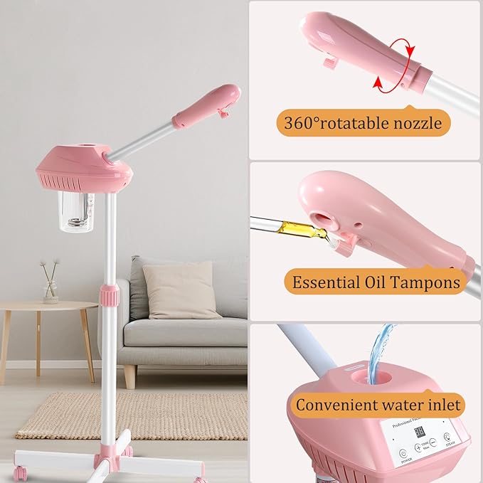 Face Steamer on Wheel Professional Ozone Face Steamer for Deep Facial Cleansing Pink-Velvo Beauty