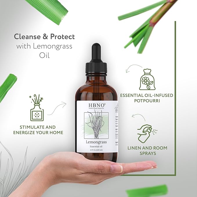 HBNO California Bottled Lemongrass Essential Oil 4 fl oz (120ml) - Natural Lemongrass Oil, Perfect for Cleaning, Aromatherapy, DIY, Soap & Diffuser -Velvo Beauty