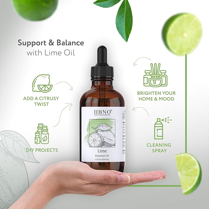 HBNO Lime Essential Oil - Huge 4 oz (120ml) Value Size - Natural Lime Oil, Cold Pressed - Perfect for Cleaning, Aromatherapy, DIY, Soap & Diffuser-Velvo Beauty
