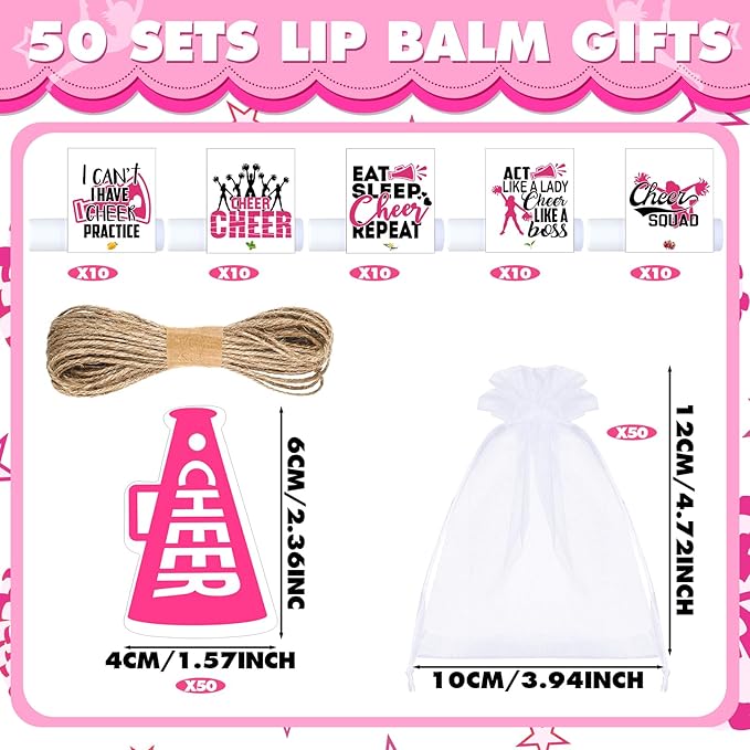 50 Sets Cheer Gifts Bulk 50 Cheer Lip Balm Bulk Moisturizing with 50 Organza Drawstring Gift Bags 50 tags Cheerleader Gifts Cheer Gifts Bulk for Team (Pink)-Velvo Beauty