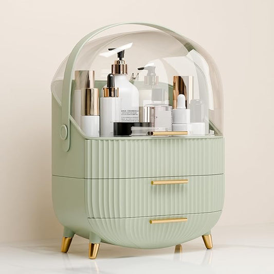 Makeup Organizers and Storage, Make up Organizer for Vanity Cosmetics Skincare Organizers With Lid and Drawers Display Cases for Countertop（Light Green）-Velvo Beauty