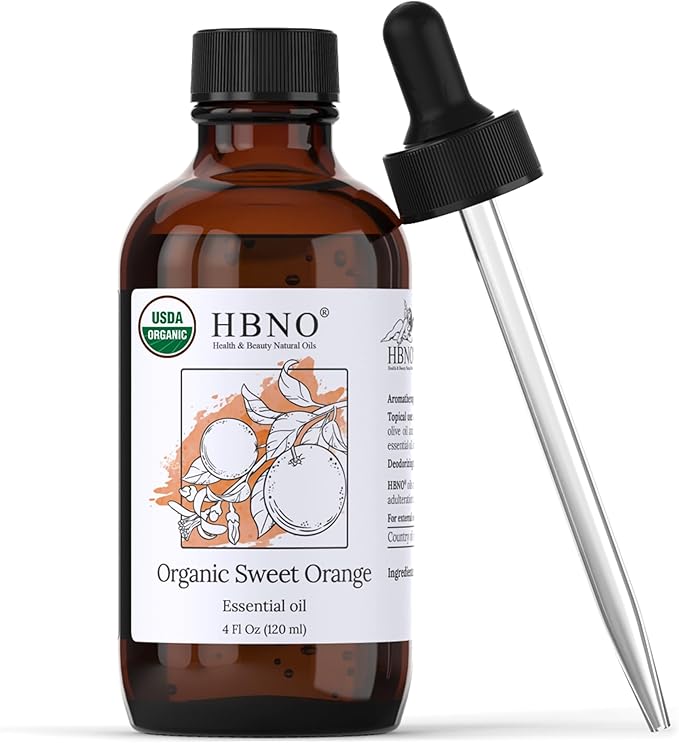 HBNO Organic Orange Essential Oil - Huge 4 oz (120ml) Value Size - USDA Certified Organic Orange Essential Oil, Cold Pressed for Aromatherapy, Soap Making, DIY, Diffuser-Velvo Beauty