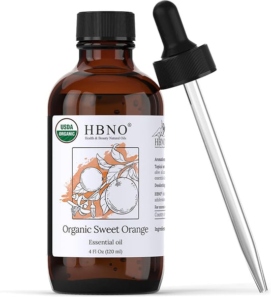 HBNO Organic Orange Essential Oil - Huge 4 oz (120ml) Value Size - USDA Certified Organic Orange Essential Oil, Cold Pressed for Aromatherapy, Soap Making, DIY, Diffuser-Velvo Beauty