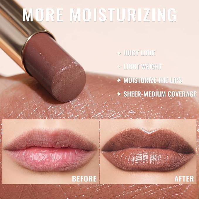 Oulac Moisturizing Shine Brown Red Lipstick for Women - 2 in 1 Glossy Brown Tinted Lip Balm, Hydrating Winter Lipstick for Dry Lips,Shine Juicy Finish Vegan 2.2g/0.07oz (03)-Velvo Beauty