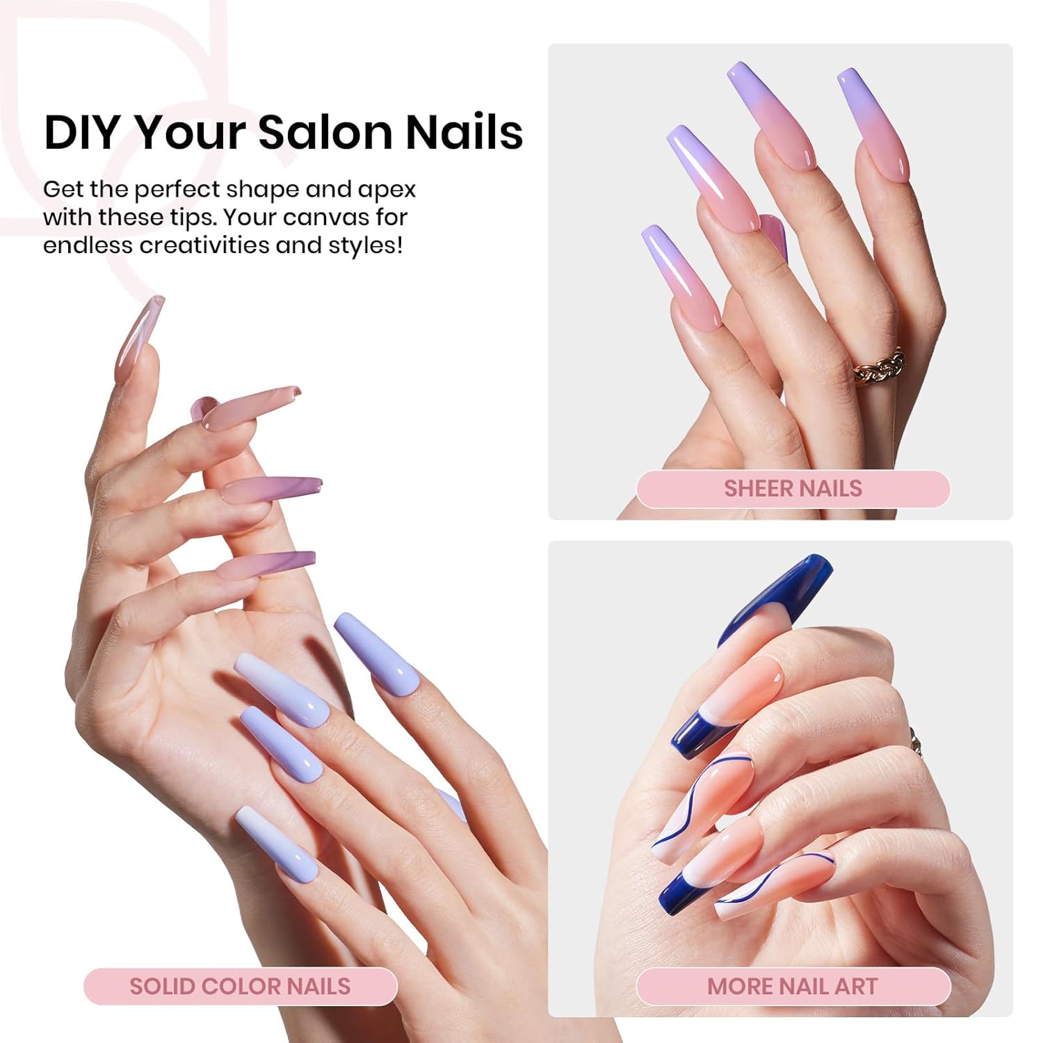 Beetles Tipex Instant Apex Nail Tips, 2 Boxes 256 PCS (Total 512 PCS), Pre-etched Long Coffin Acrylic Gel Nail Tips, Thick Clear Full Cover False Nails-Velvo Beauty