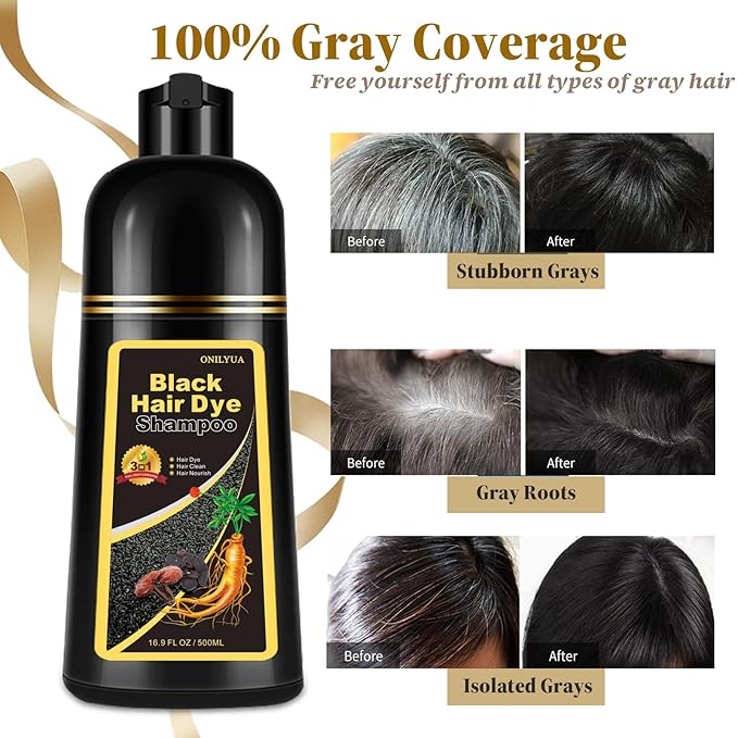 Instant Black Hair Dye Shampoo 3- in-1, 100 Percent Gray Coverage, Magic in 15 Minutes for All Types, Natural Women & Men, Color Depositing Conditioner, Easy to Use-Velvo Beauty