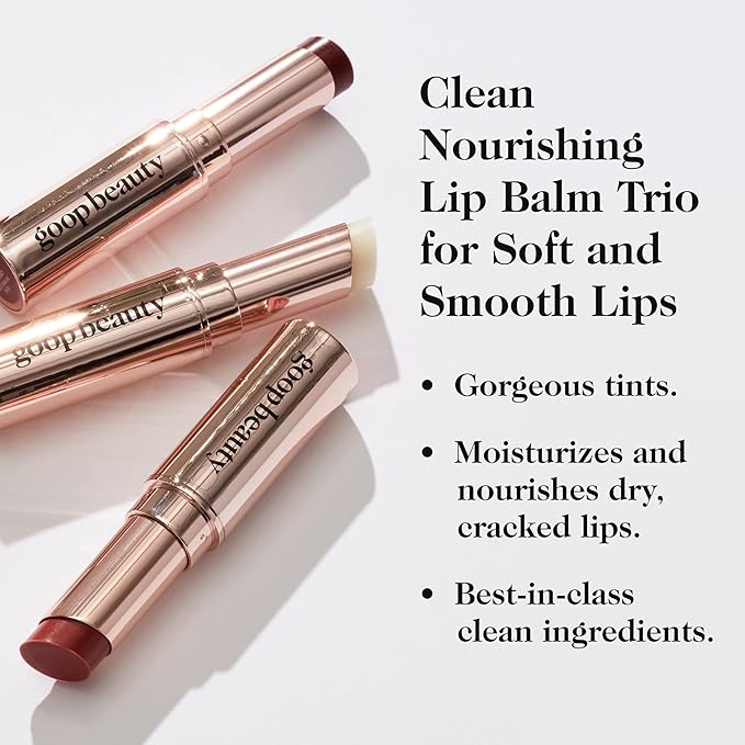 goop Beauty Lip Balm Trio | Moisturizing & Hydrating Lip Balm for Chapped & Dry Lips | Clear, Translucent Garnet, & Sheer Rose | Lip Tint with Nourishing Formula | Petroleum Free | 0.16 oz Each-Velvo Beauty