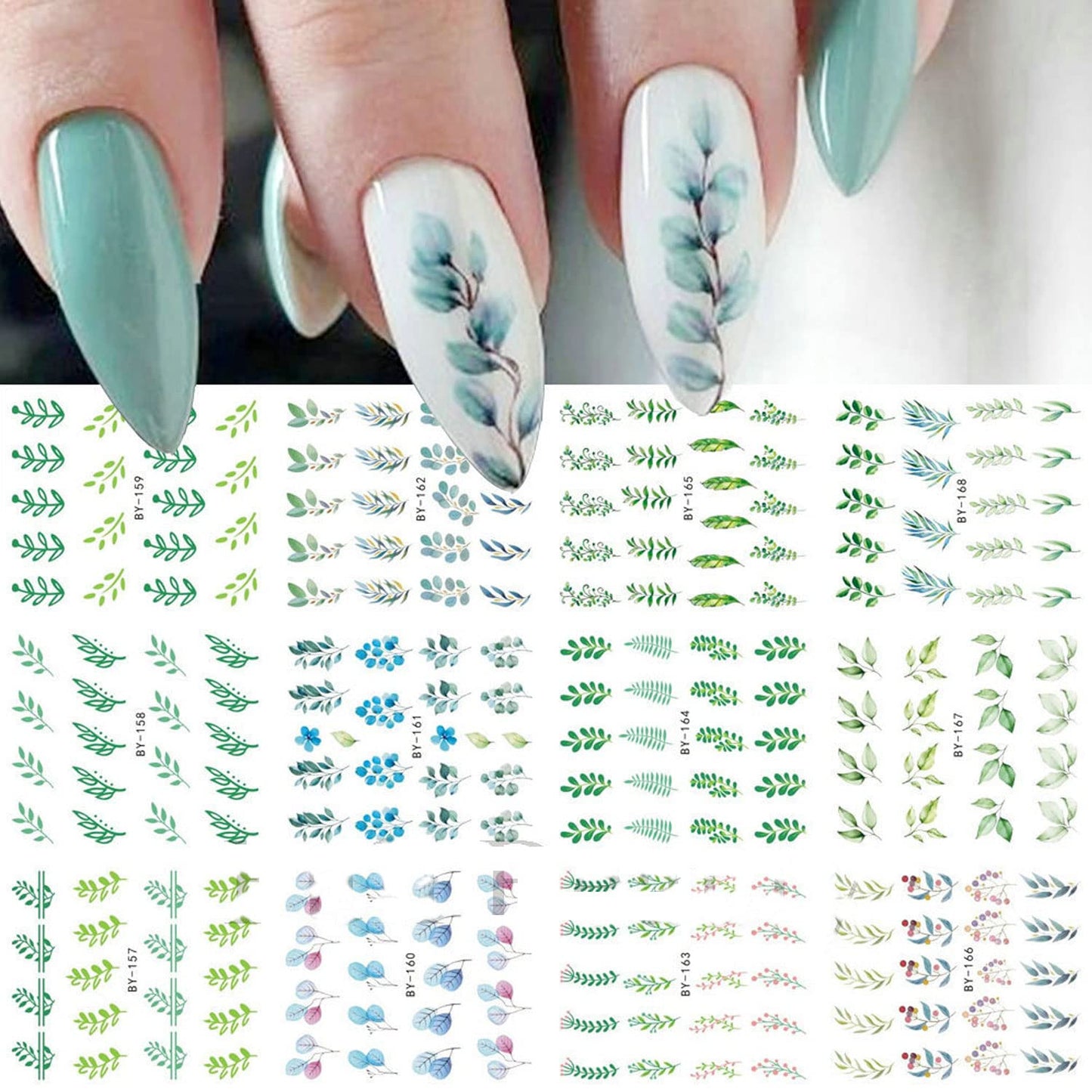 Summer Nail Art Sticker Water Transfer Decal Green Blue Floral Flower Design for Acrylic Nails - Manicure Supplies 12 Sheets (Green)-Velvo Beauty