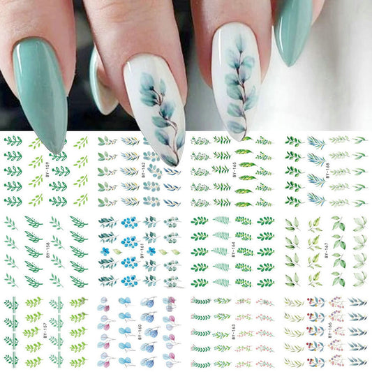 Summer Nail Art Sticker Water Transfer Decal Green Blue Floral Flower Design for Acrylic Nails - Manicure Supplies 12 Sheets (Green)-Velvo Beauty