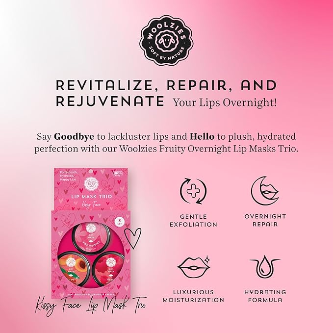 Overnight Lip Sleeping Masks Trio - Set of 3 All Natural Hydrating Lip Treatment - Overnight Repair for Soft, Smooth, Hydrated Lips (3 Pack, Kissy Face)-Velvo Beauty