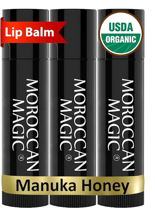 Moroccan Magic Organic Manuka Honey Lip Balm 3 Pack | Ultra-Hydrating Argan & Essential Oil Lip Moisturizer + Vitamin E | Natural Chapstick for Dry Lips | Smooth, Non-Toxic | Organic Lip Balm-Velvo Beauty