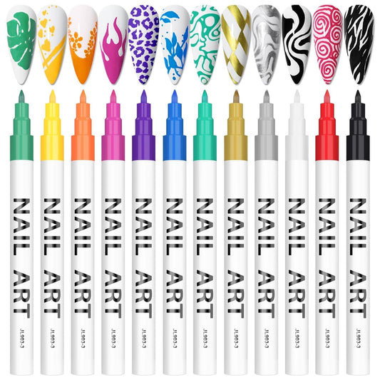 12 Color 3D Nail Art Pens Set, Kalolary Nail Pens Nail Point Graffiti Dotting Pen Drawing Painting Liner Brush for DIY Nail Art Beauty Adorn Manicure Tools-Velvo Beauty