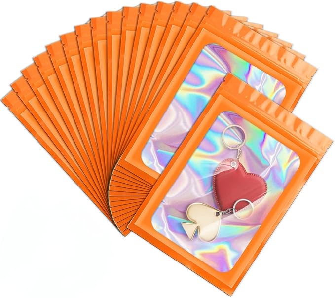 ANZNKU 100 Pcs Smell Proof Mylar Resealable Bags, Holographic Packaging Bags, Resealable Odor Foil Pouch Zip Bag with Clear Window for Food Storage and Lipgloss, Jewelry Lash (Orange, 4.7 x 7.9 Inch)-Velvo Beauty