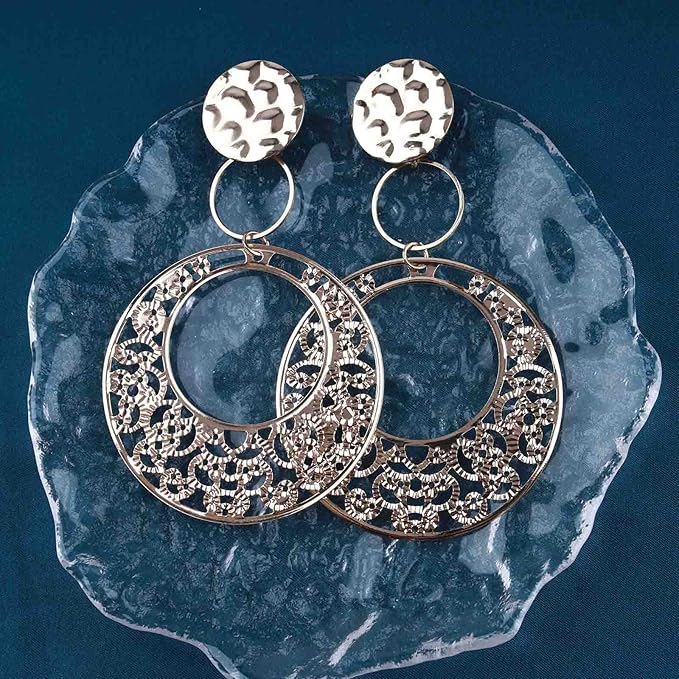 Boho Large Filigree Disc Dangle Earrings Stud Vintage Tribal Ethnic Hollow Carved Earrings Gold Geometric Floral Hoop Drop Earrings Statement Wedding Prom Earrings Jewelry for Women Girls-Velvo Beauty