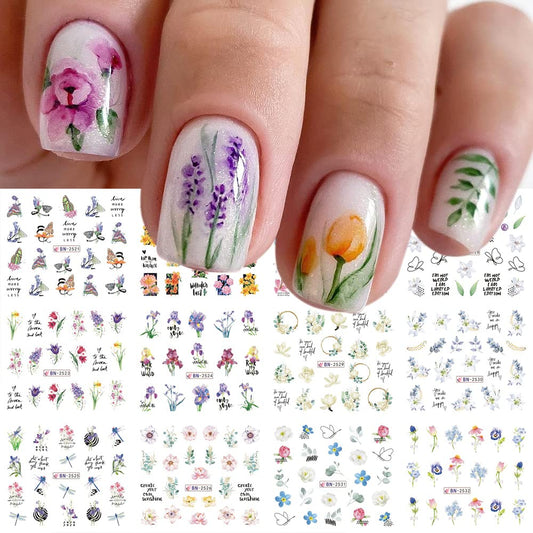 12 Sheets Flower Water Transfer Nail Stickers Purple Fresh Flower Nail Art Decals with Assorted Pattern Blossom Floral Butterfly Dragonfly DIY Nail Art supplies for Women Nail Decorations Manicure Tip-Velvo Beauty
