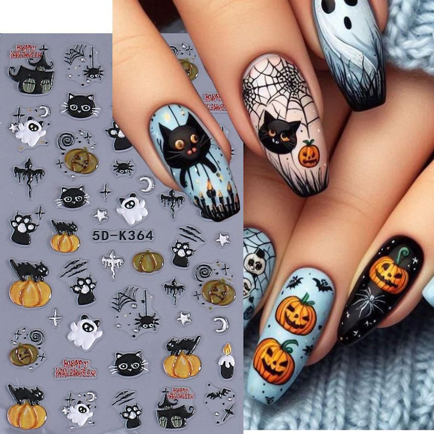 2Sheet Halloween Nail Art Stickers 5D Relief Cartoon Ghost Cat Dark Self-Adhesive Sticker Nail Decals Cute Ghost Pumpkin Pattern Nail Art Slider DIY for Women Girl Cute Halloween Nail Decoration-Velvo Beauty