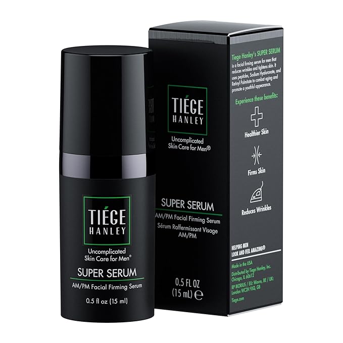 Tiege Hanley Anti-Aging Face Serum, SUPER SERUM (1-Pack) - Skin Tightening Facial Serum for Men - Mens Serum For Face with Sodium Hyaluronate & Retinyl Palmitate for Smoother & Tighter Skin, 0.5 Fl Oz-Velvo Beauty