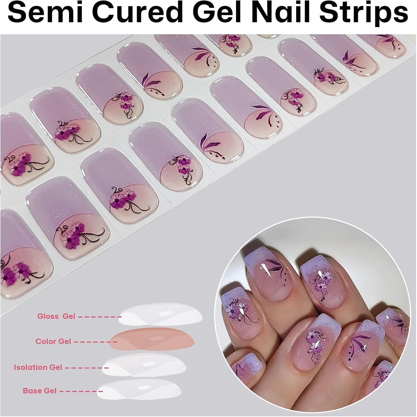 Semi Cured Gel Nail Strips French Tip Gel Nail Strips with Flower Designs Glossy Pink Stickers Wraps Need UV/LED Light Salon Quality & Easy to Use for Women 20 Pcs-Velvo Beauty