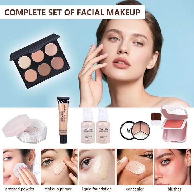 All in One Makeup Kit Makeup Kit for Women Full Kit Multipurpose Makeup ，eyeshadow、 liquid foundation,Loose powder,Eyebrow pencil,4-color lip gloss set-Velvo Beauty