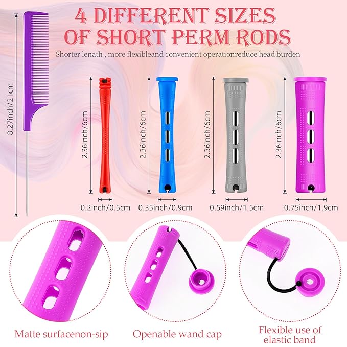 48 Pieces Hair Perm Rods Short Cold Wave Rods Plastic Perming Irons Hair Curling Rollers Curlers with Steel Pintail Comb Rat Tail Comb for Hairdressing Styling Supplies(4 Sizes,4 Colors)-Velvo Beauty
