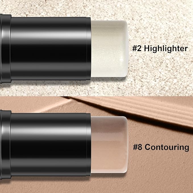 2Pcs Cream Contour Stick Makeup Kit, Cream Highlighter Stick and Bronzer Contour Stick with Longwear Waterproof Formula for Brightening and Trimming the Cheeks, Makeup Brush Include (#02, 08)-Velvo Beauty