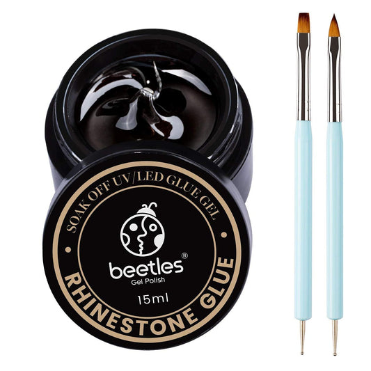 Beetles Rhinestone Glue for Nails with 2 Dual Purpose Brush Pen, 1Pcs 15ml Nail Glue for Nail Art Adhesive Resin Gems Diamonds Jewelry Decoration Soak Off Led Lamp Fall Nails Gifts for Women-Velvo Beauty