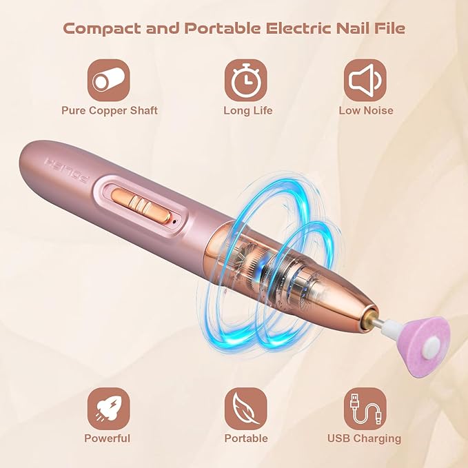 Electric Nail File ,Professional Nail Drill for Acrylic Gel Dip Powder Nails Portable Nail Machine Kit Manicure Pedicure Tools Polishing Set with Nail Drill Bits Sanding Bands (Rose Gold)-Velvo Beauty