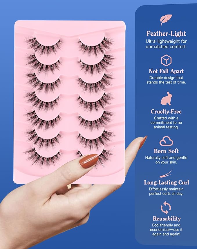 Lashes Natural Wispy Strip Eyelashes Natural Look Flared False Eye Lashes Soft Lash Fluffy Cat Eyelash 7 Pairs Everyday D05-Velvo Beauty