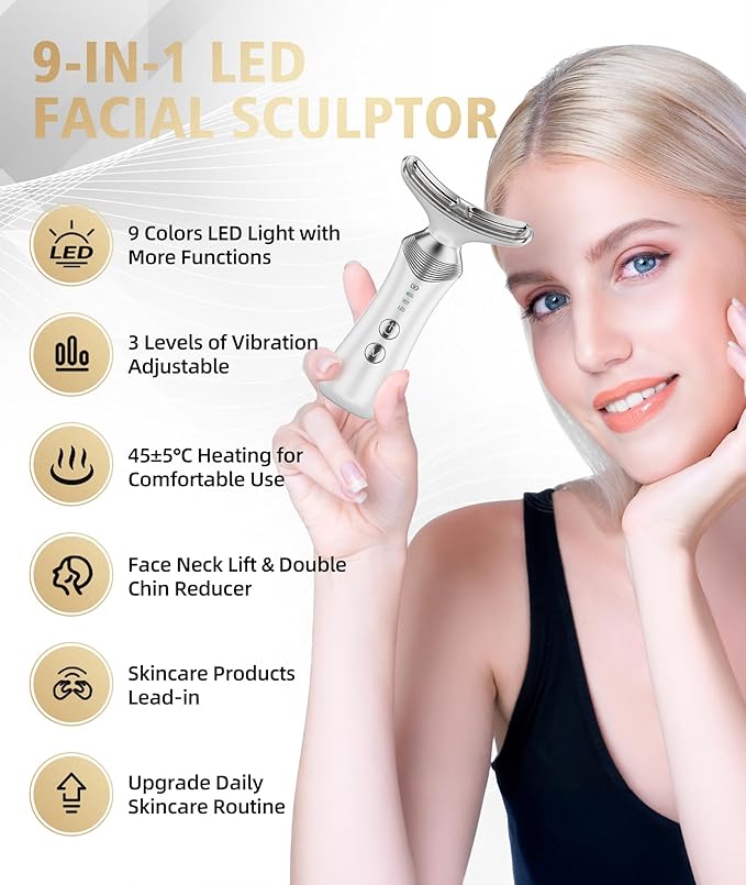 9-in-1 Red-Light-Therapy-for-Face-and-Neck, Portable Facial Massager Tool with Adjustable Vibration & Thermals for Wrinkles, Double Chin, White-Velvo Beauty