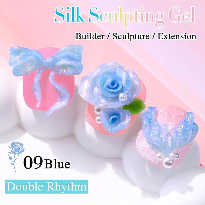 Double Rhythm 3D Nail Gel Pearl Solid Sculpting for Nail Art Non-Sticky Hard for Building Carving Molding Extension Soak Off UV/LED Salon Home DIY 0.5 Oz (Blue-Silk 09)-Velvo Beauty
