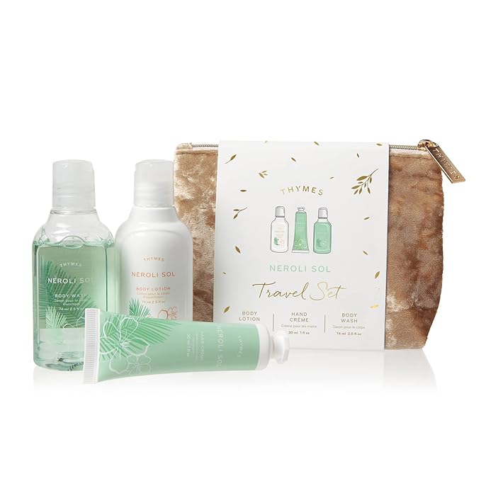 Thymes Travel Set and Beauty Bag - Contains Body Wash, Body Lotion & Hand Cream - Neroli Sol-Velvo Beauty