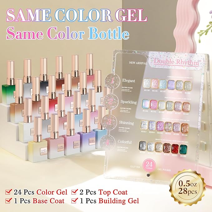 Double Rhythm 28Pcs 0.5Oz Glitter Gel Nail Polish Set Same Color Same Bottle Soak Off Gel Polish Kit Nail Art Manicure Salon DIY at Home (Sparkle Pearl Shimmer Collection-T24-9)-Velvo Beauty