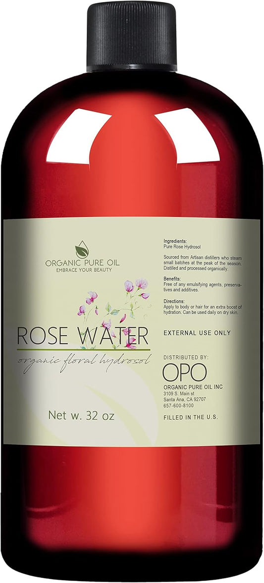 32 oz Rose Hydrosol Water – 100% Pure Rosewater Spray Mist Bulk – Hydrating Face Toner Rose Water for Skin and Hair Linen Spray for Sheets Room Freshener Body Spray Refill by Organic Pure Oil-Velvo Beauty