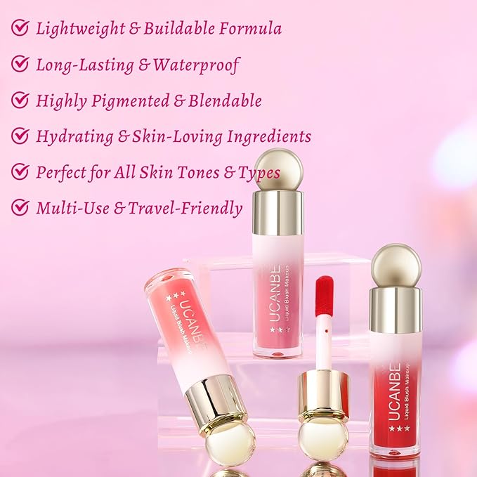 UCANBE 3PCS Liquid Blush Makeup Set – Dewy Cream Cheek Tint for Face – Blendable Long-Lasting Lightweight Natural Flushed Look (Cherry Red, Cool Pink, Light Orange)-Velvo Beauty