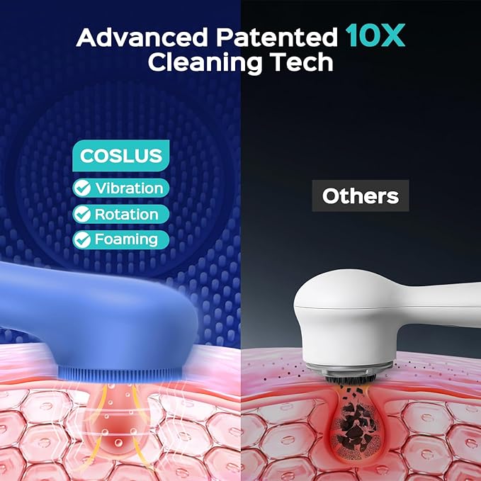 COSLUS Face Scrubber Facial Cleansing Brush: 2 in 1 Spin and Vibration Patented Tech, Silicone Electric Exfoliator Scrubber with Automatic Foaming, Waterproof Face Cleanser Brush for Men and Women-Velvo Beauty