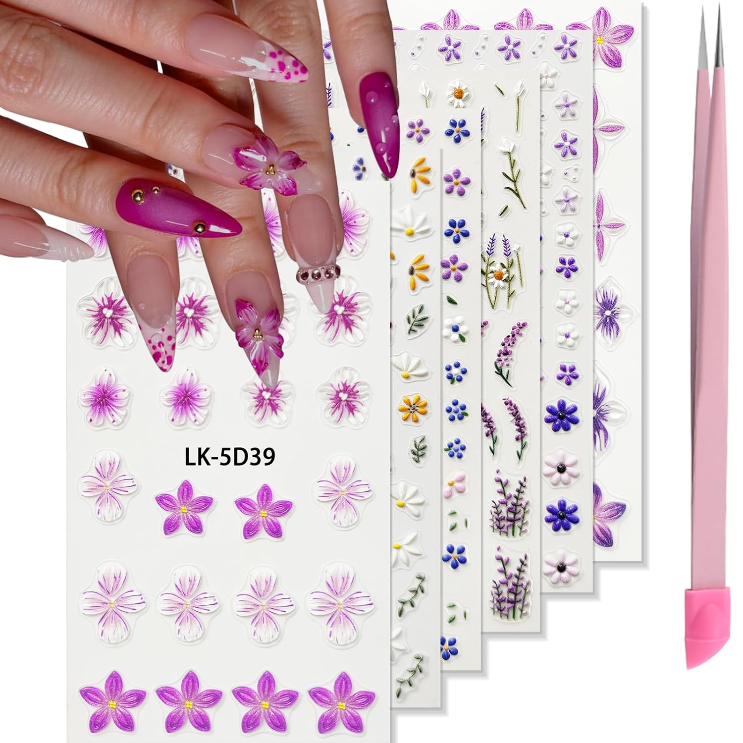 Flower Nail Art Stickers 5D Embossed Flower Nail Decals Spring Summer Pink Flowers Nails Design 3D Self-Adhesive Accessories for Women Nails DIY Decoration(6 Sheets)-Velvo Beauty