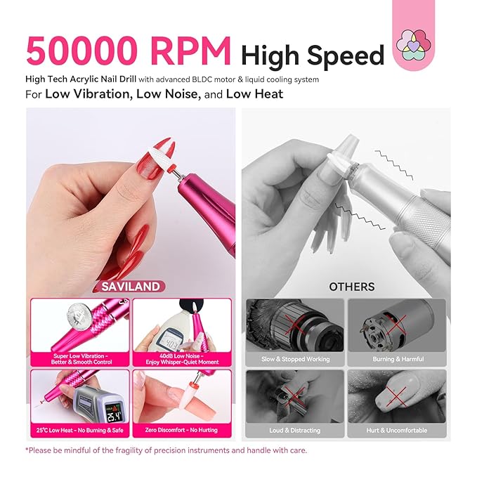 SAVILAND Electric Nail Drill 50000 RPM: Cordless Electric Nail File 10 H Battery Life Rechargeable Nail Drill Kit with Ceramic Drill Bits for Acrylic Nail Removal Ambient Light Black and Pink Ombre-Velvo Beauty