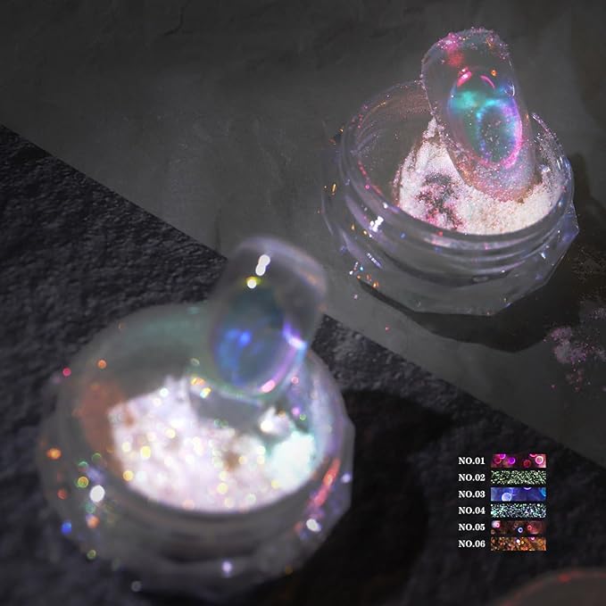 Ice Transparent Aurora Nail Powder Neon Rainbow Holographic Chameleon Powder Multi Chrome Iridescent Pigment Pearlescent Nail Art Glitters (6 Boxes Transparent)-Velvo Beauty