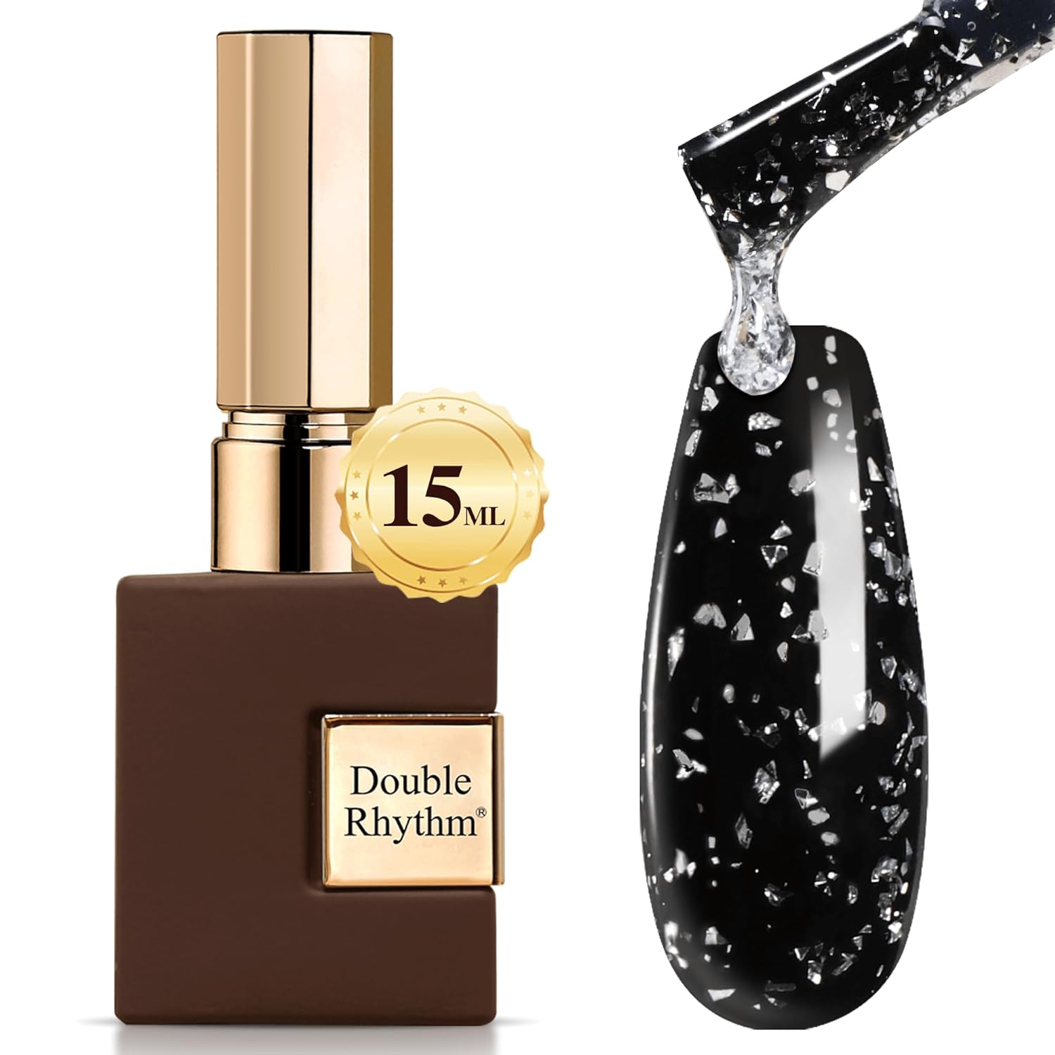 Double Rhythm 15ML No Wipe Gel Top Coat Base Coat Iridescent Glitter Shimmer 2 in 1 Nail Polish Soak Off Manicure DIY Home Salon (Silver Top Coat)-Velvo Beauty