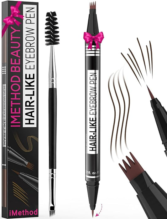 iMethod Eyebrow Pen - Eyebrow Pencil Magical 2-in-1 Eye Brow Pencils for Women with 4-Fork-Tip & Precise Brush-Tip for Natural Hair-Like Brows, Last All-Day, with Eyebrow Spoolie Brush, Dark Brown-Velvo Beauty