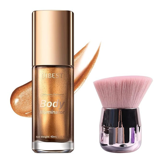 40ml Body Shimmer Oil,Face and Body Liquid Luminizer,Smooth Body Shimmer Oil For Sunshine Bath, Waterproof Moisturizing Light Shimmer Glow Illuminator,Liquid Highlighter Makeup,Makeup Brush Include (3#-Bronze Gold)-Velvo Beauty