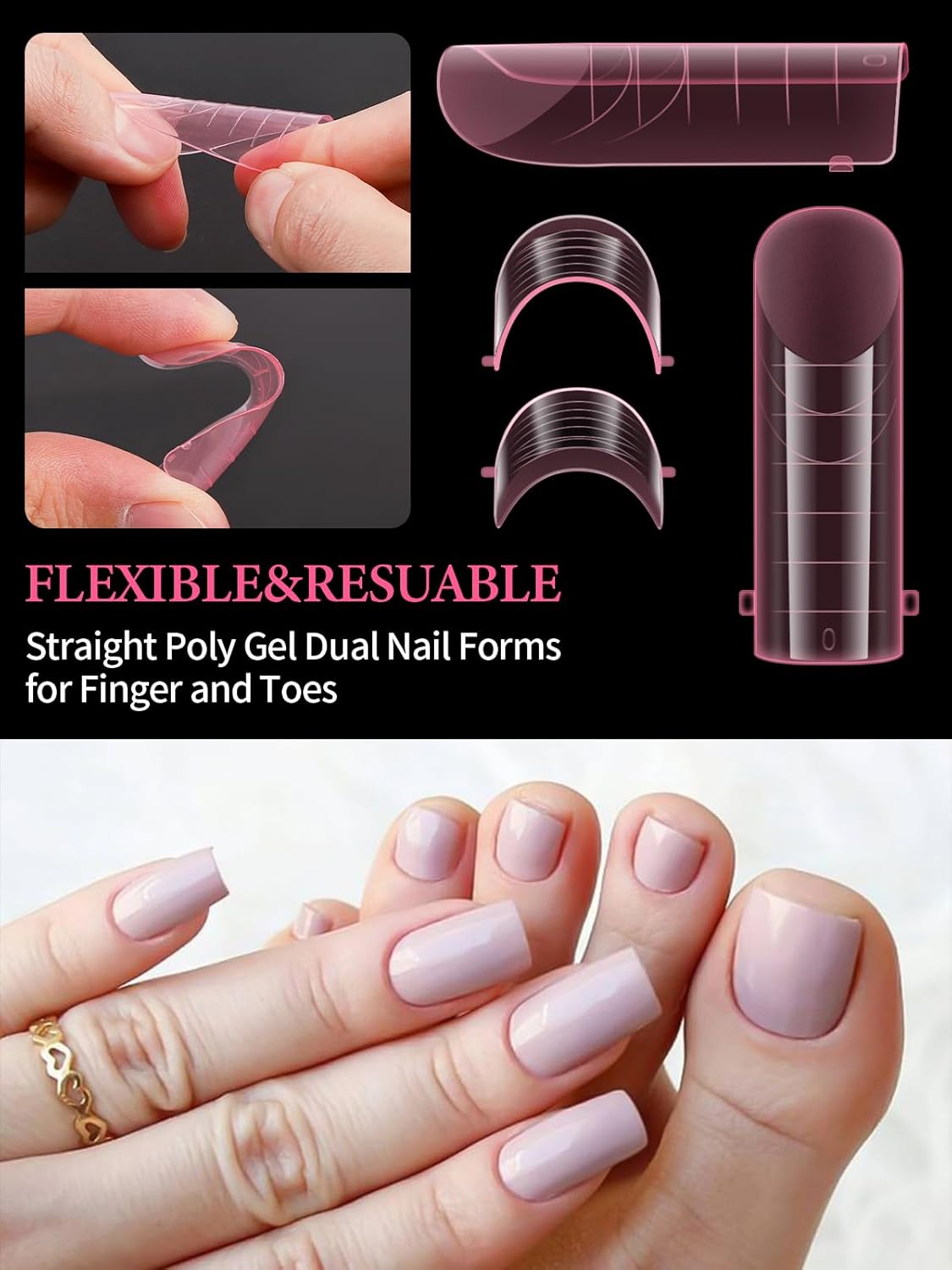 Poly Gel Dual Nail Forms for Finger and Toes, EBANKU Long Square Pink Flat Nail Molds Extension Tips Reusable for Women, 120Pcs 12 Sizes-Velvo Beauty