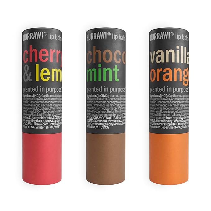 Hurraw! Cherry Lemon, Chocolate Mint & Vanilla Orange Lip Balm 3 Pack Bundle: Plastic-Free with new cardboard push-up tube. Certified Organic, Natural & Vegan. Bee, Shea, Soy & Palm Free. Made in USA-Velvo Beauty