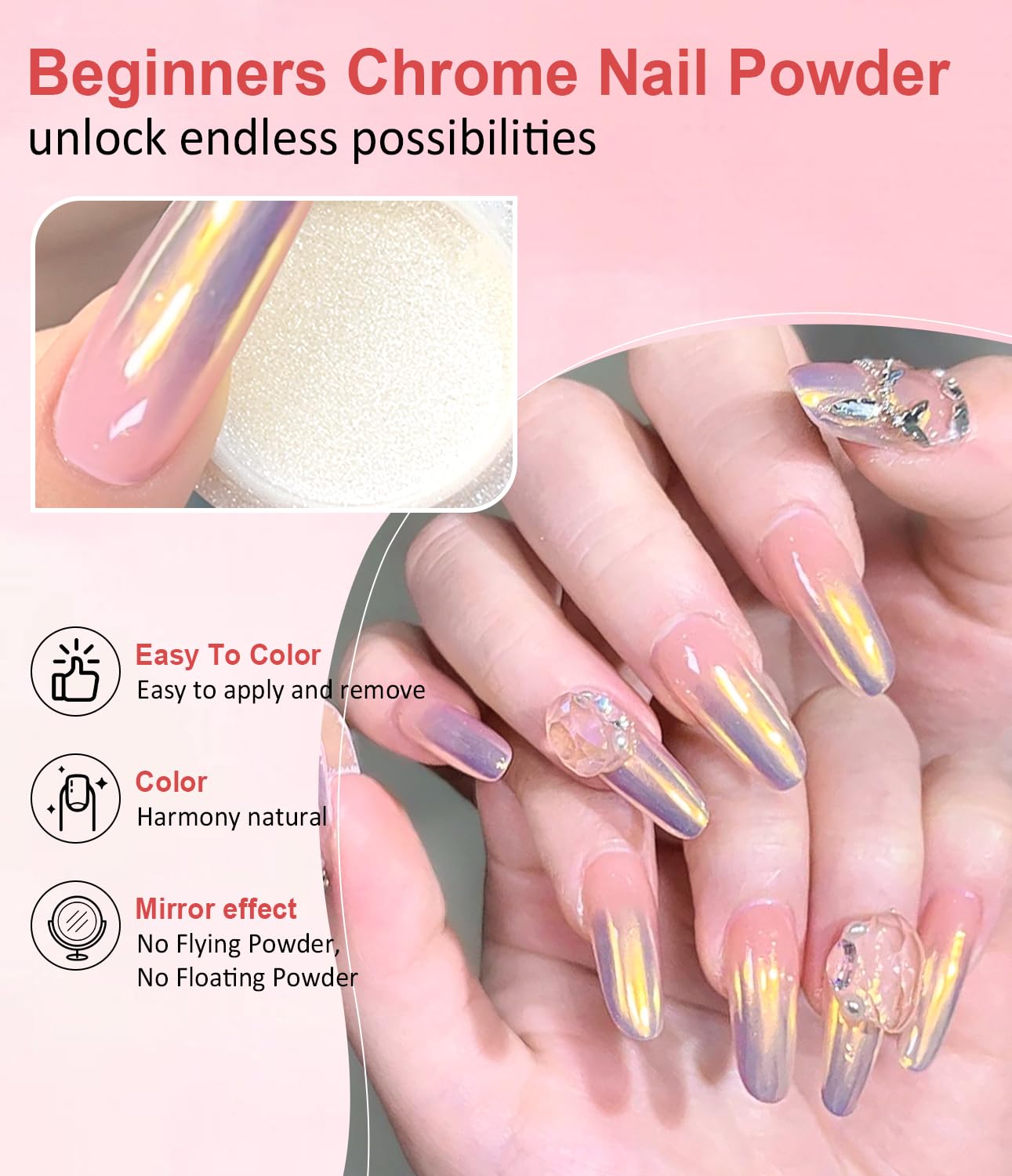 Gold Chrome Nail Powder BISHENGYF -【Magic Mirror Effect】 Pearl Chrome Nail Powder Aurora Mermaid Iridescent White Roas Gold Nail Chrome Powder Pigment Glitter Dust for Manicure Decroation DIY-Velvo Beauty