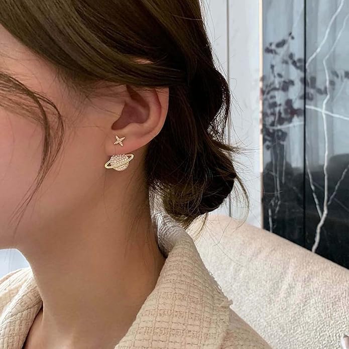 Crystal Saturn Planet Jacket Earrings Vintage Saturn Dangle Earrings Rhinestone Planet Drop Earrings Gold Cz Northstar Stud Earrings Celestial Front Back Earrings for Women Gifts-Velvo Beauty