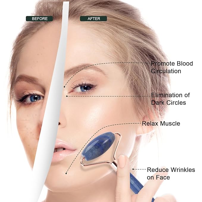 Jade Roller for Face, Facial Roller Massager Skin Care Tool, Gua Sha Facial Tools for Face, Neck, Eyes, Reduce Puffiness of The Skin(Blue)-Velvo Beauty