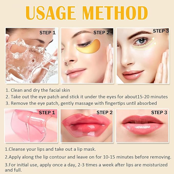 30 Pairs Collagen Lip Masks & Under Eye Mask, Gel Crystal Moisturizing Lip Mask, 24K Gold Under Eye Patches for Puffy Eyes, Dark Circle, Reducing Fine Lines, Effectively Nourishes Lip & Eye Skin Care-Velvo Beauty